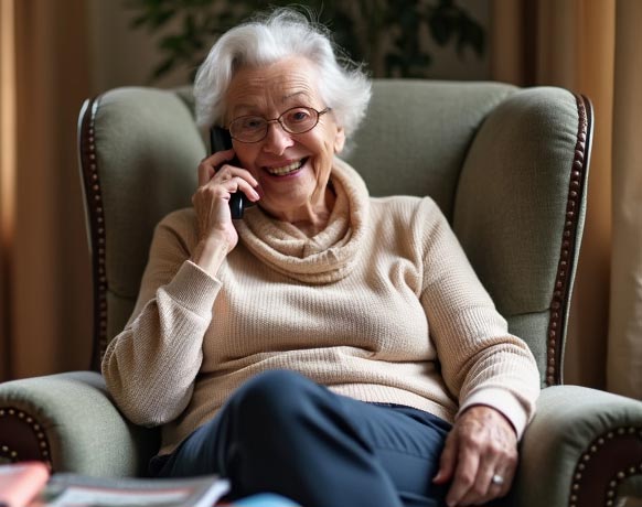 Une dame âgée rit au téléphone, assise dans son fauteuil